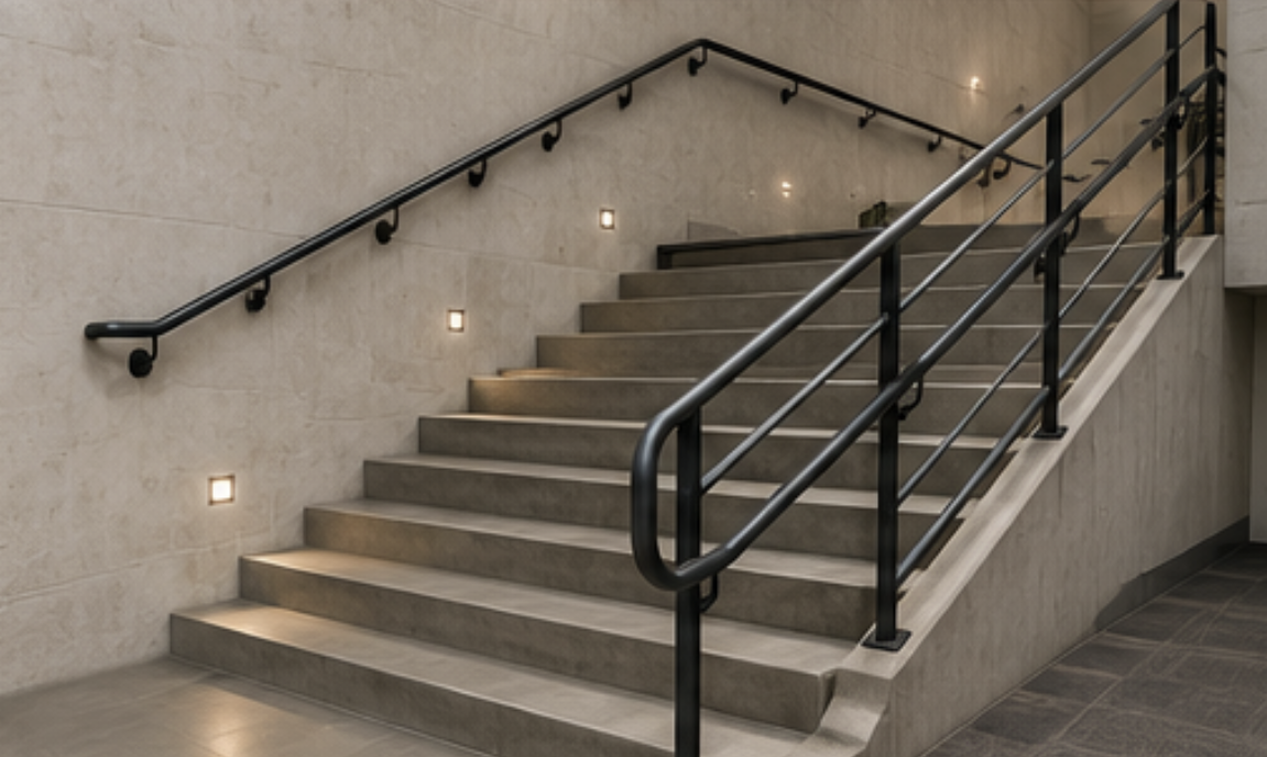 ADA-compliant steel handrail installed along an accessible walkway and stairway in Austin, Texas for safety and code compliance.