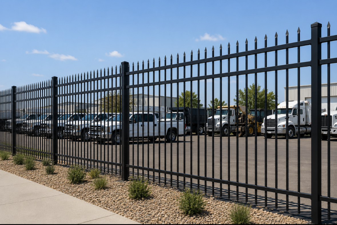 Commercial steel security fence installed around a fleet yard and parking lot in Austin, Texas to protect vehicles, equipment, and property.