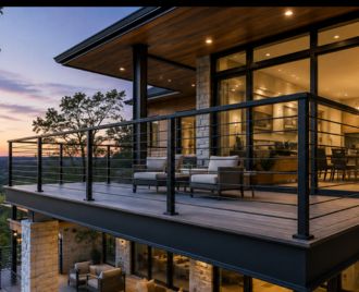 Custom black steel deck and balcony railing installed at a residential property in Austin, Texas featuring durable welded steel construction and modern design.