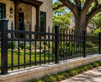 Custom ornamental steel fence installed around a residential property in Austin, Texas featuring decorative metalwork, welded steel construction, and timeless curb appeal.