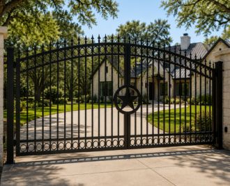 Custom steel driveway gate installed at a residential property in Austin, Texas featuring welded steel construction, secure access, and modern curb appeal.