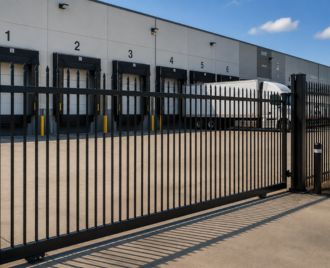 Commercial steel access control gate installed at a loading dock facility in Austin, Texas providing secure entry and controlled vehicle access.