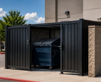 Custom steel dumpster enclosure and utility access gate installed at a commercial property in Austin, Texas featuring durable welded steel construction and secure access.