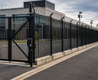 High-security steel perimeter fence installed around a commercial property in Austin, Texas designed to prevent unauthorized access and protect valuable assets.