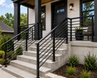 Custom steel handrail and porch railing installed on a residential property in Austin, Texas featuring durable welded steel construction and modern design