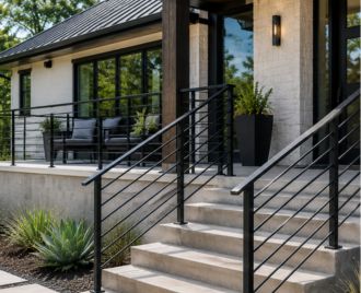 Custom architectural steel railing installed in a modern residential property in Austin, Texas featuring precision welding, clean lines, and contemporary design.