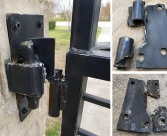 Damaged steel gate hinge and hinge plate being repaired by a professional welder in Austin, Texas to restore proper gate operation and structural support.