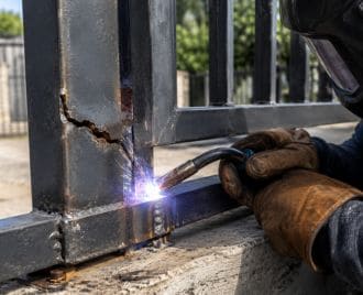 Professional welder repairing cracked welds and structural steel frame damage on a metal gate or fence in Austin, Texas.