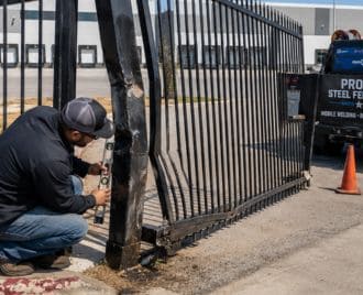 Emergency repair of a damaged commercial security fence and perimeter gate system at a business property in Austin, Texas.