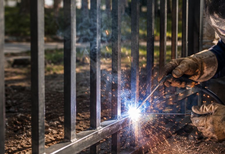 Mobile welder repairing a damaged steel fence on-site in Austin, TX using professional welding equipment and portable fabrication tools.