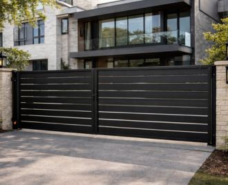 Modern residential automatic sliding steel gate installation with electronic gate opener, black powder-coated metal fencing, and contemporary driveway entrance design