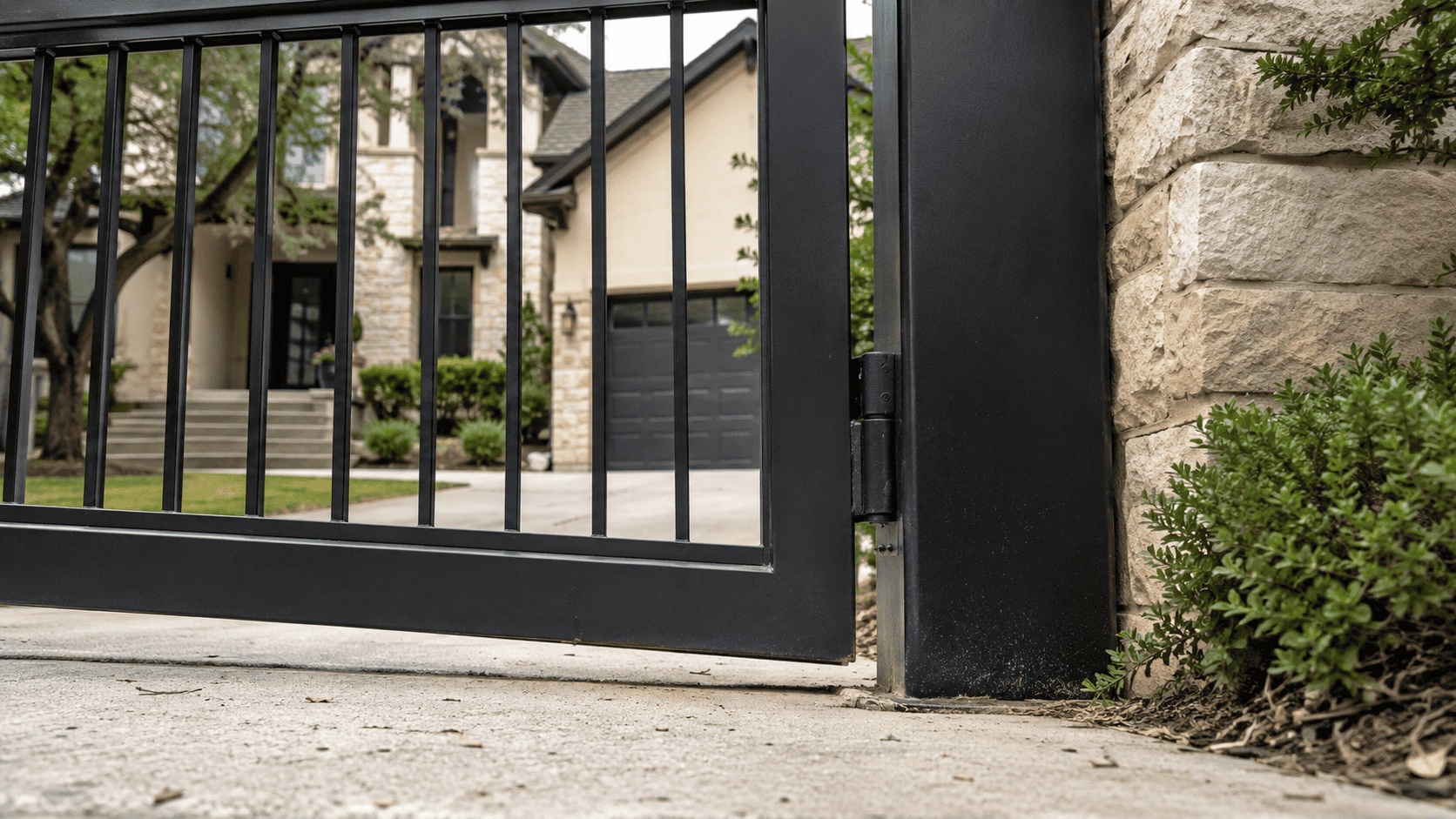Sagging black steel driveway gate with hinge post issue at an Austin residential home