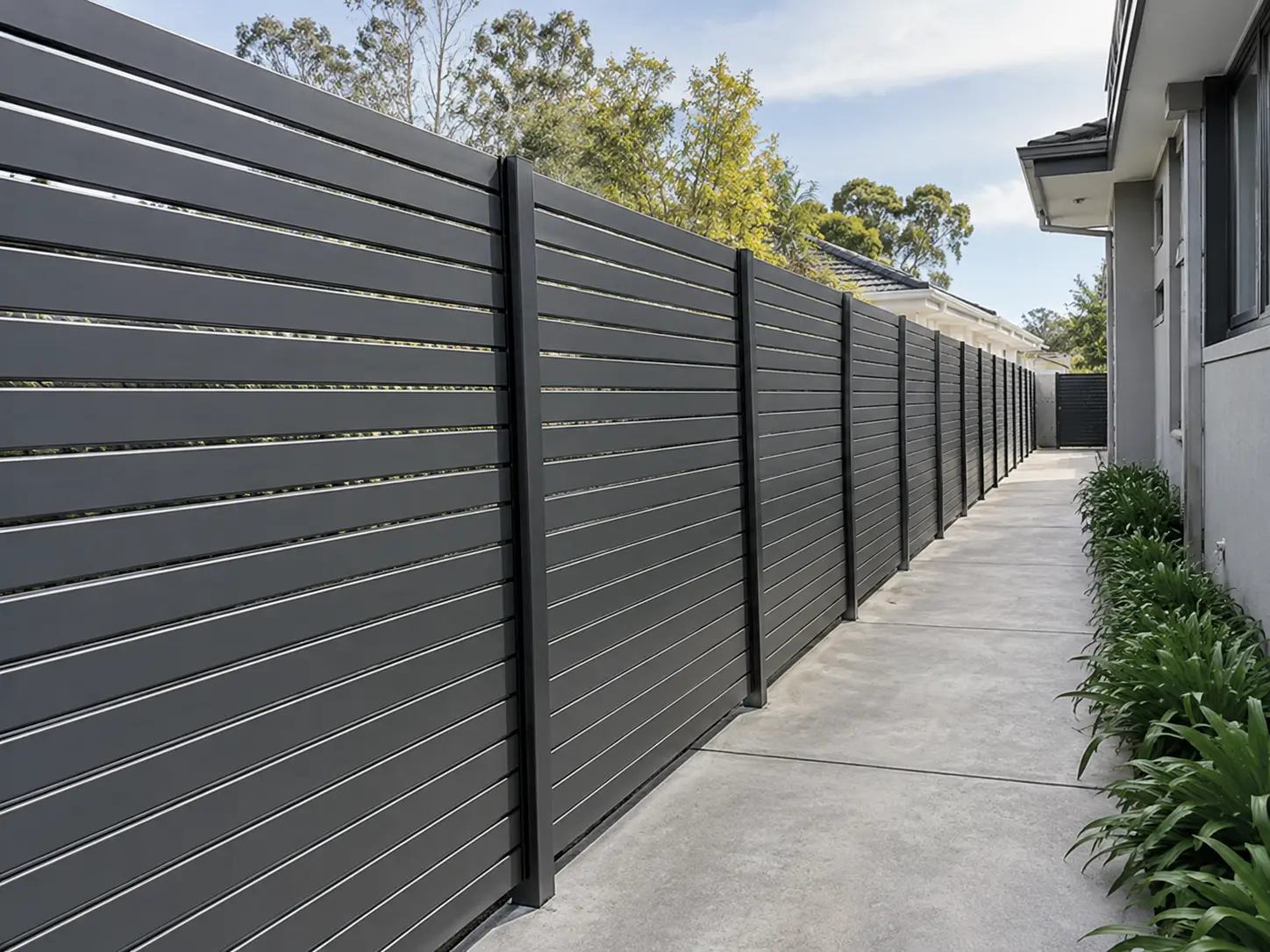 Modern horizontal steel privacy fence installed along a concrete walkway beside a residential home in Austin TX