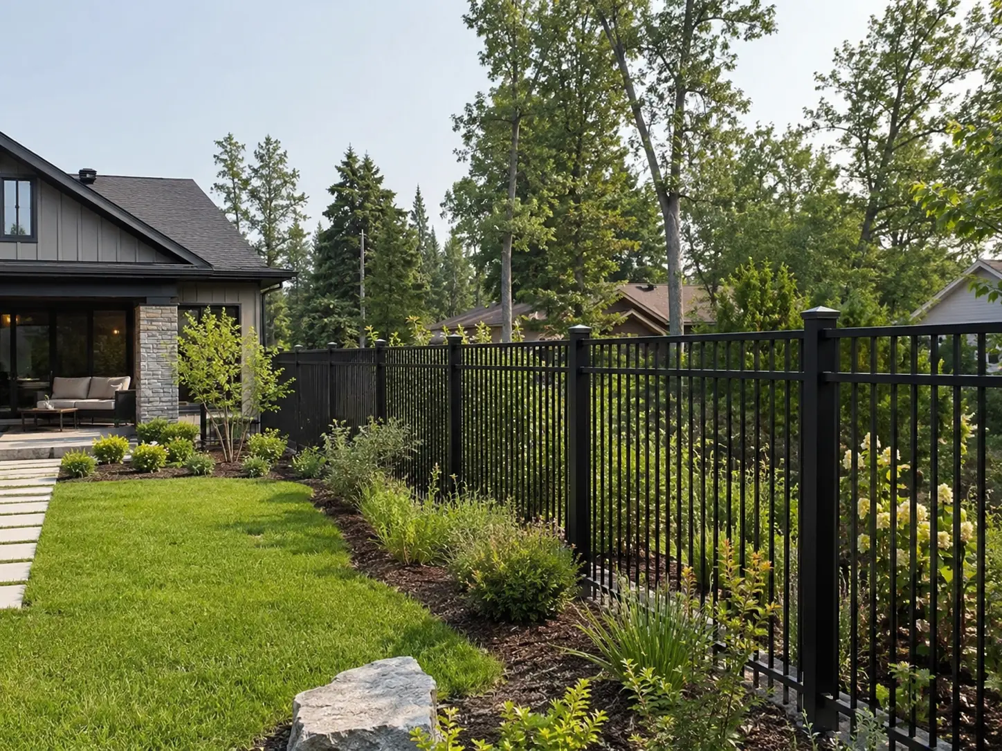 Black steel fence installed along a landscaped backyard with green lawn, shrubs, and a modern home in Austin TX