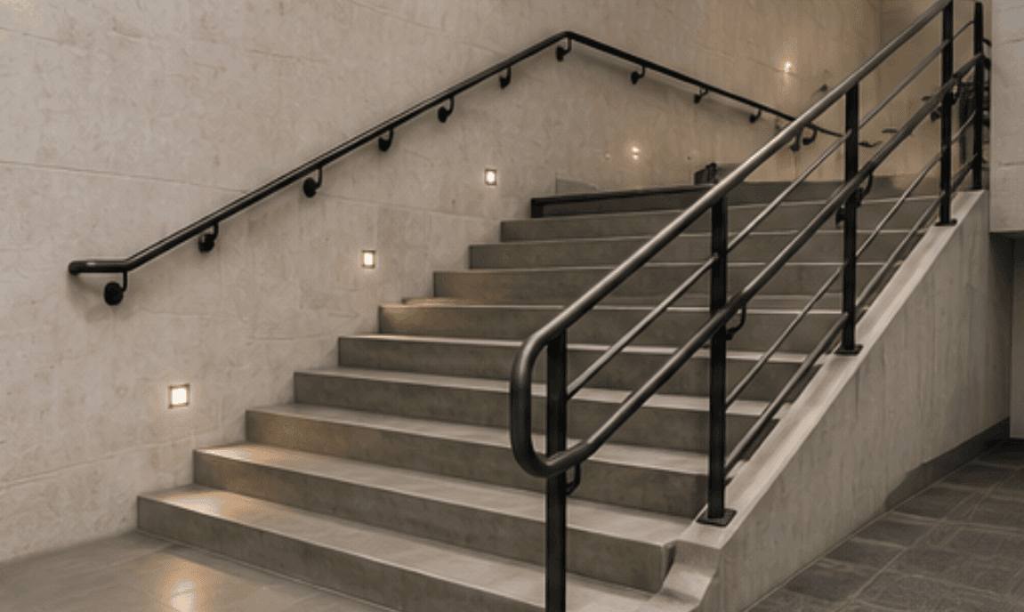 Commercial ADA compliant handrails installed for safe building access