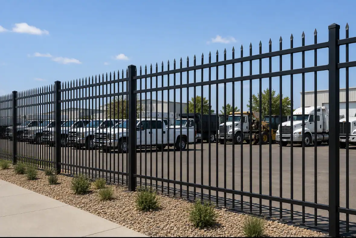 Commercial steel security fence installed around a business property in Austin Texas