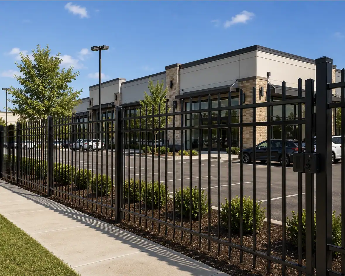 Commercial steel security perimeter fence installed around a retail and business property in Austin, Texas for controlled access and property protection.