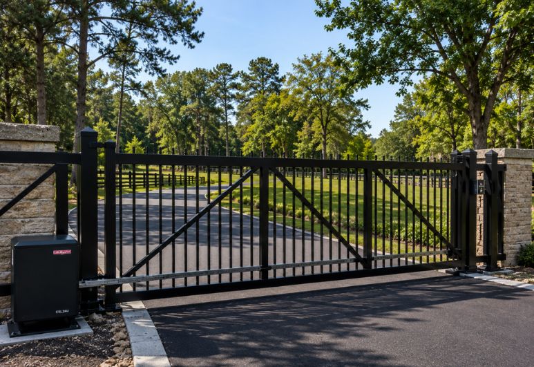 Custom steel sliding driveway gate installed at a residential property in Austin, Texas featuring modern design, welded steel construction, and secure automated access.