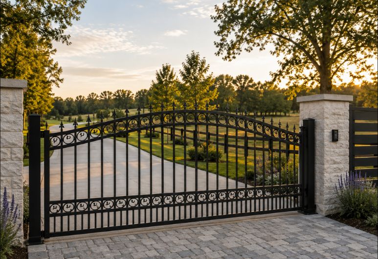 Custom steel single swing gate installed at a residential property in Austin, Texas featuring welded steel construction, secure access, and modern craftsmanship.
