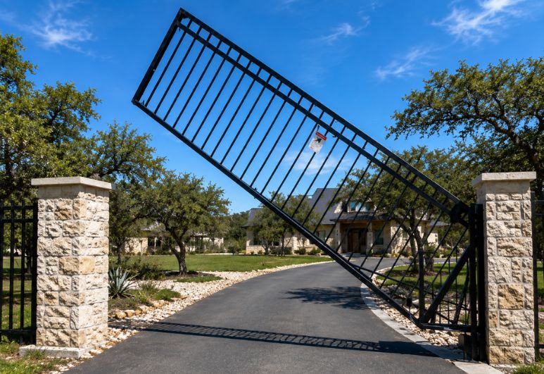 Custom residential vertical lift steel gate installed for secure driveway access in Austin, Texas.