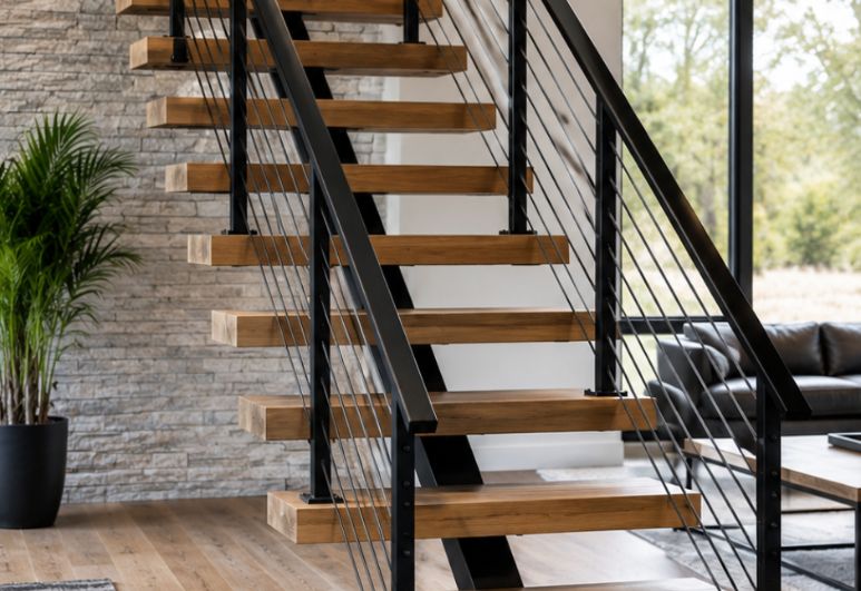 Custom fabricated interior steel stair railings and steel stringers installed in a modern Austin home.