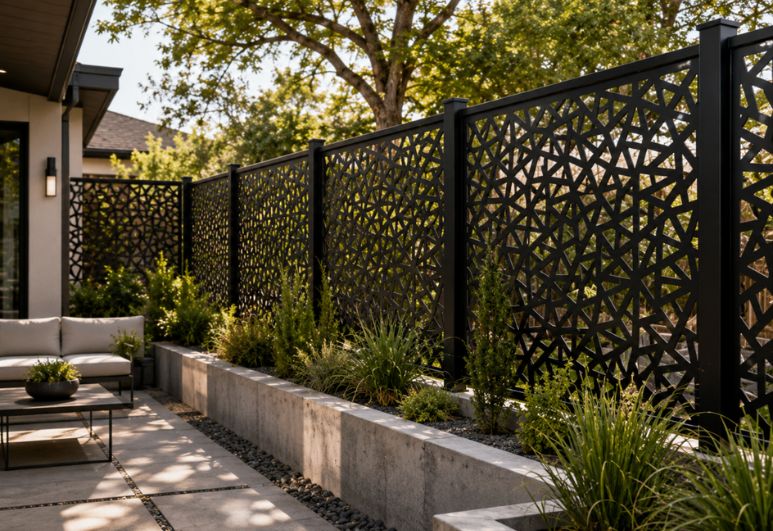 Custom steel privacy panels and decorative courtyard screens installed at a residential property in Austin, Texas.