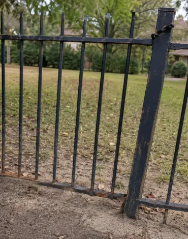 Leaning black ornamental steel fence with a shifted fence post and surface rust in a residential yard in Austin, Texas.