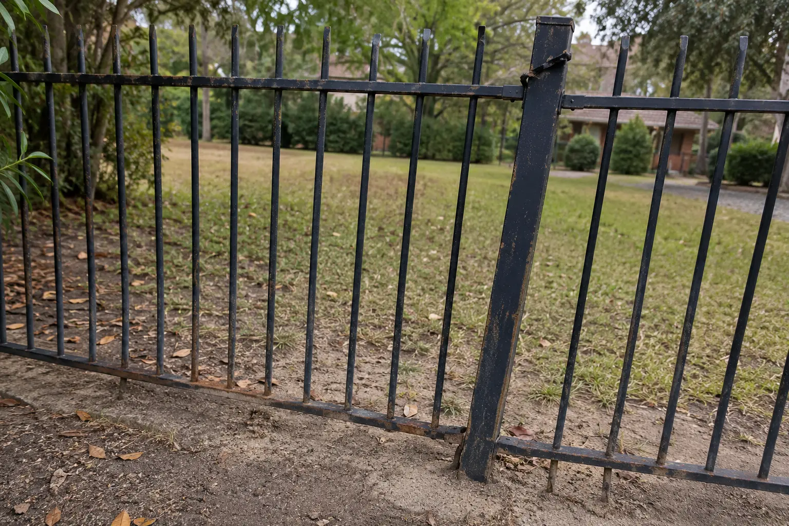 Leaning black ornamental steel fence with a shifted fence post and surface rust in a residential yard in Austin, Texas.