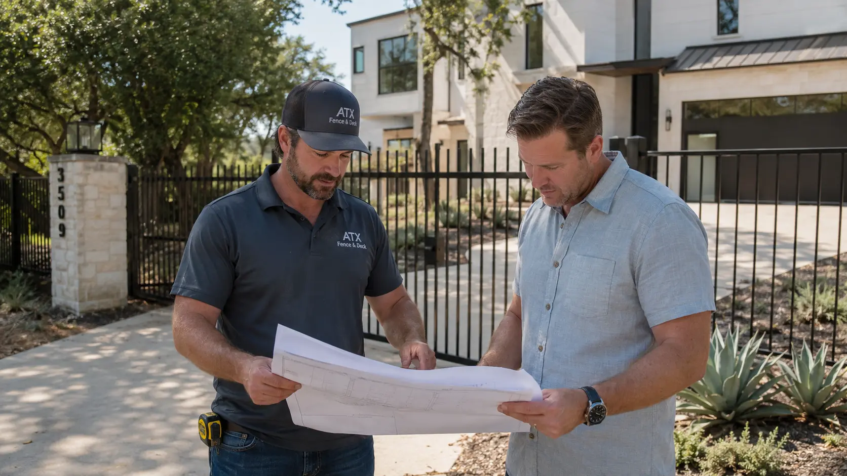Owner-operated steel fence contractor reviewing blueprints with a homeowner outside an Austin, Texas property with a black steel fence.