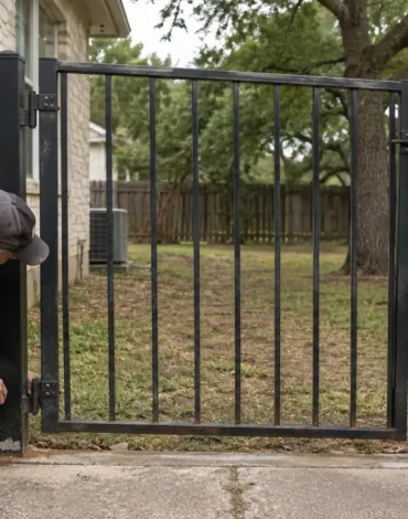 Fence professional inspecting a residential steel gate hinge for damage in Austin, TX.
