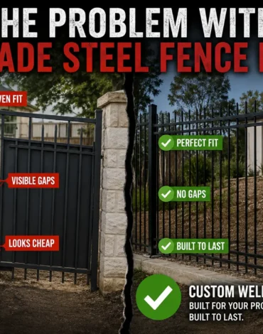 Pre-made steel fence panels compared with a custom welded steel fence in Austin, TX